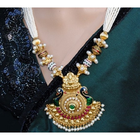 Antique Designer Meenakari Peacock Laxmi Necklace Set with Jhumkas