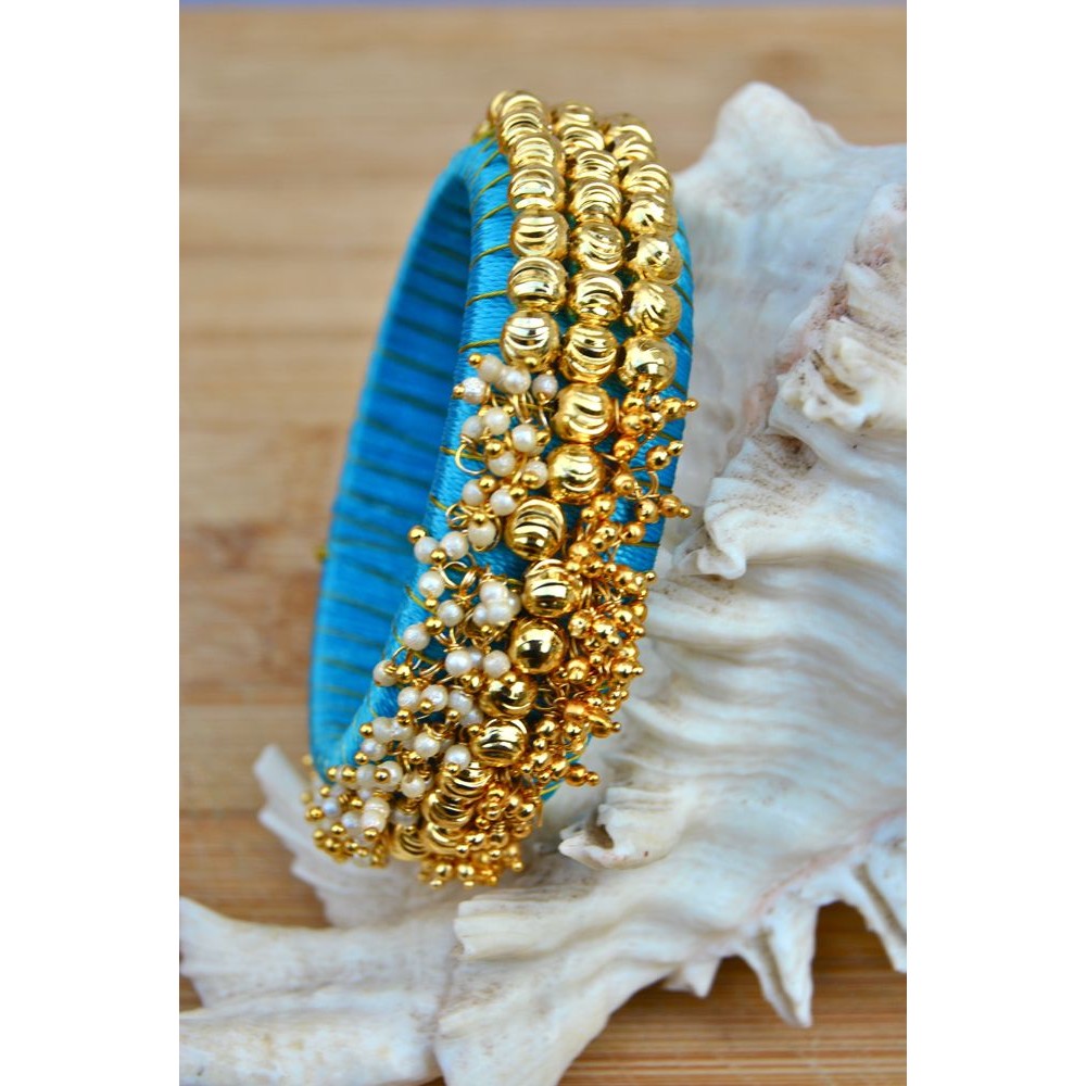 Sky Blue Thread Bangles with Pearls and Ghungroos