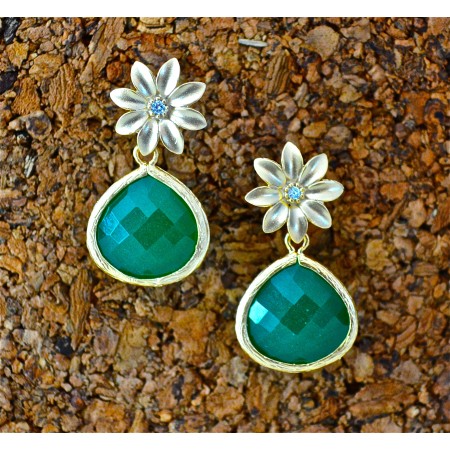 Green Onyx Drop Earrings with Flower Studs