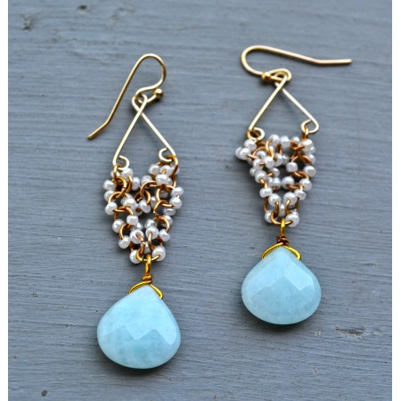 White Pearl Bunch Blue Stone Drop Earrings