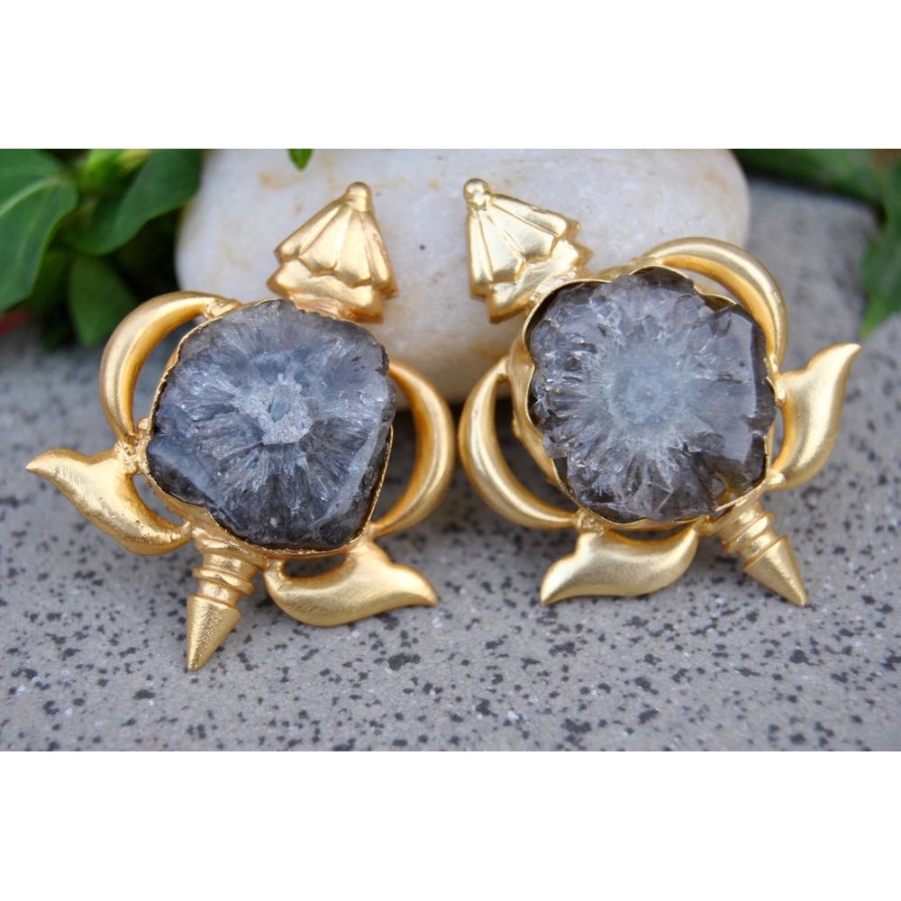 Oxidised grey stonestudded pearltessels earrings  Adwitiya  4172249